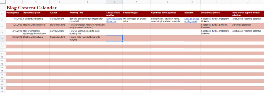 Example of school blog content calendar